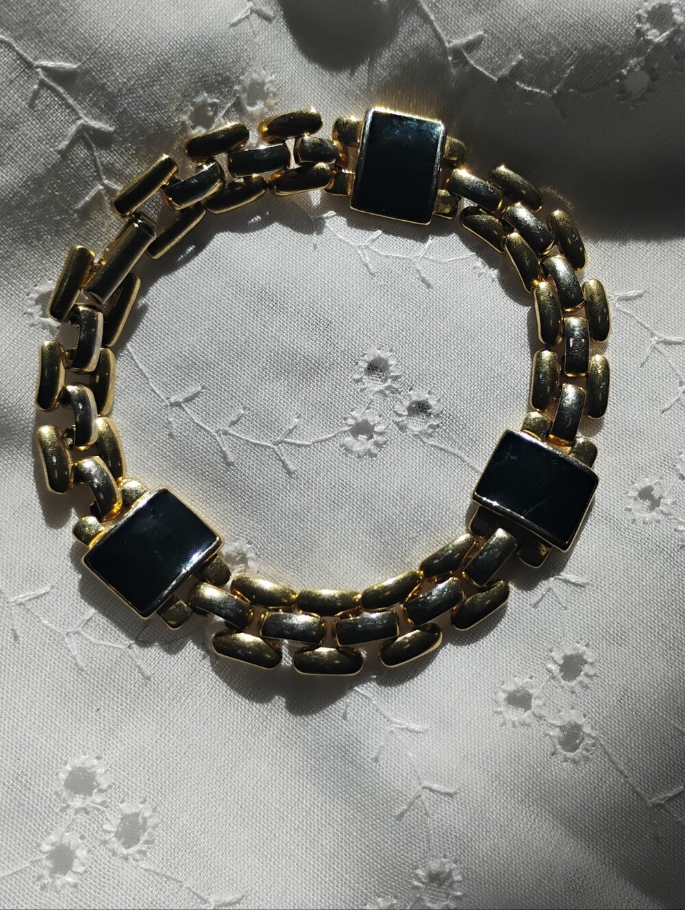 Trifiari Signed Gold Tone Link Bracelet with Black Square Accents